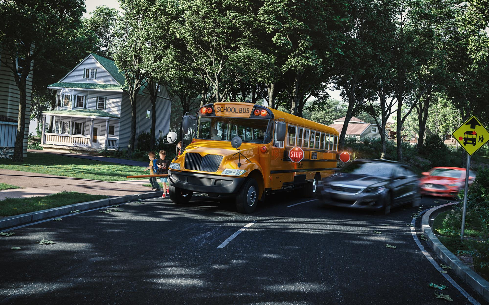 Street level view of a violation (cars alongside stopped bus)