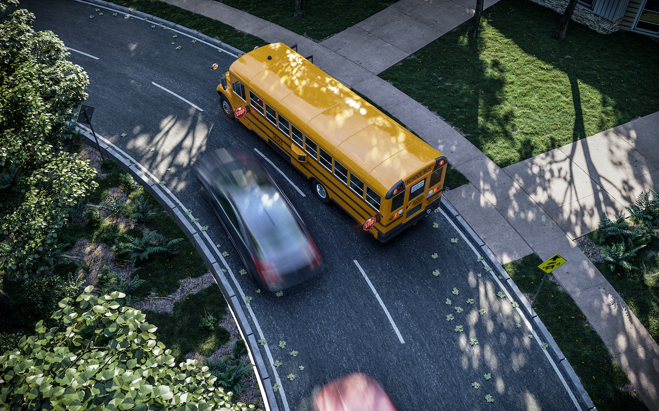 Overhead view of a violation (cars alongside stopped bus)