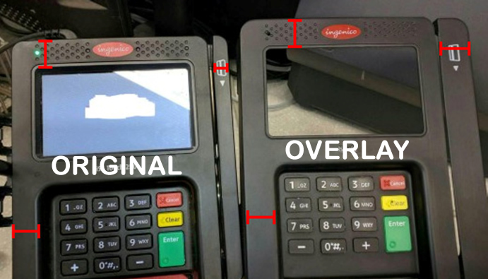 Photo of a legitimate card swiper next to an illegal skimmer