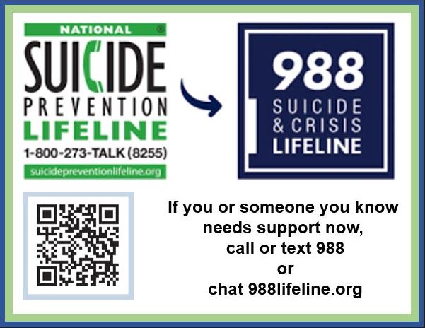 National Suicide Prevention Lifeline: call or text 988; call 1-800-273-8255; chat 988lifeline.org