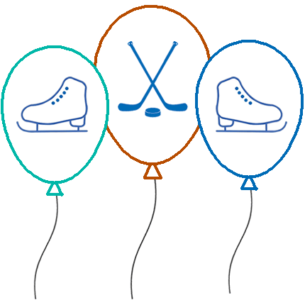 line drawing of three party balloons with an ice skate drawing on the left and right balloons and a linen drawing of a pair of crossed hockey sticks with a puck on the middle balloon