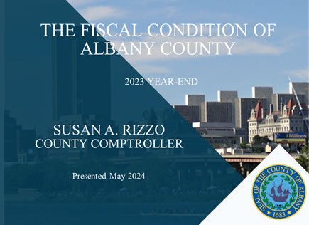 Screenshot from video with image of County Office Building and text "The Fiscal Condition of Albany County"